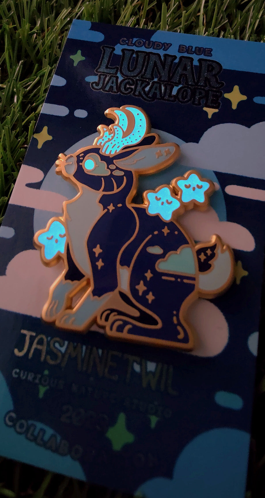 Cloudy Blue Moon Jackalope • Glow in the Dark Enamel Pin • Guest Artist: JasmineTwil